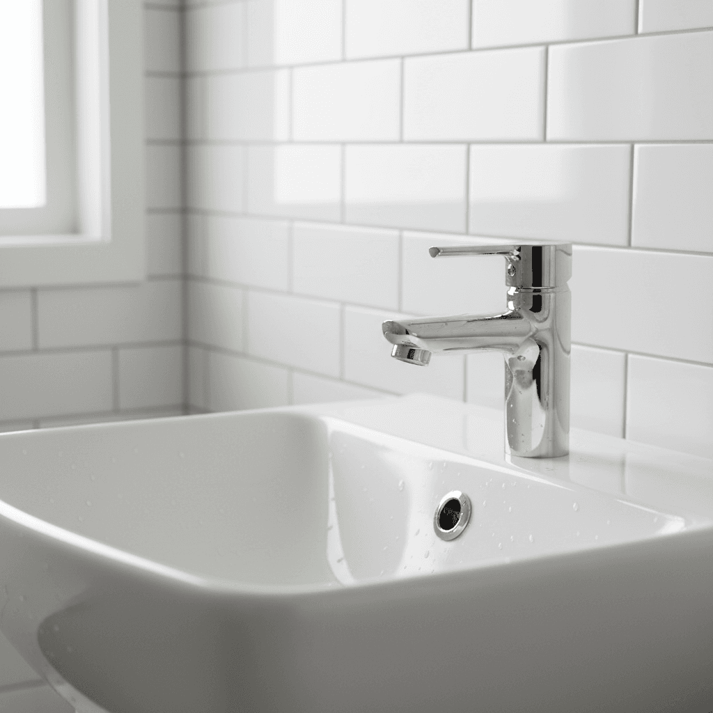 Clean bathroom sink and tiled shower with visible attention to detail