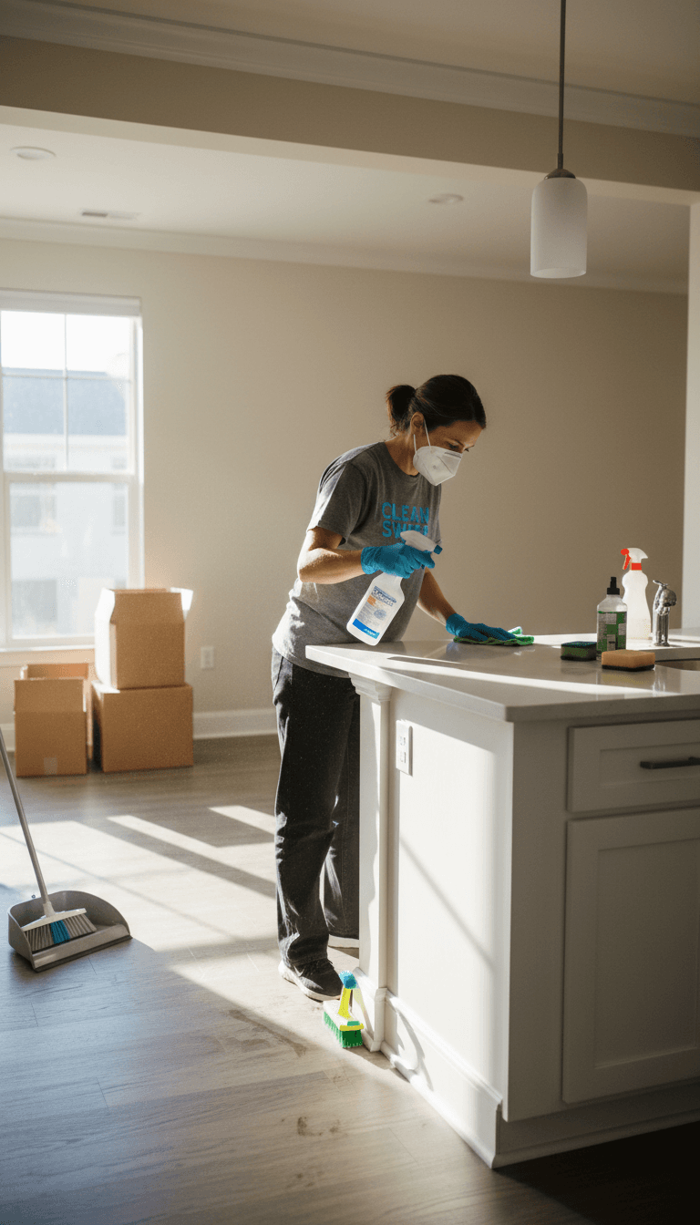 Professional cleaner wiping kitchen counter during a move-out cleaning in an empty home
