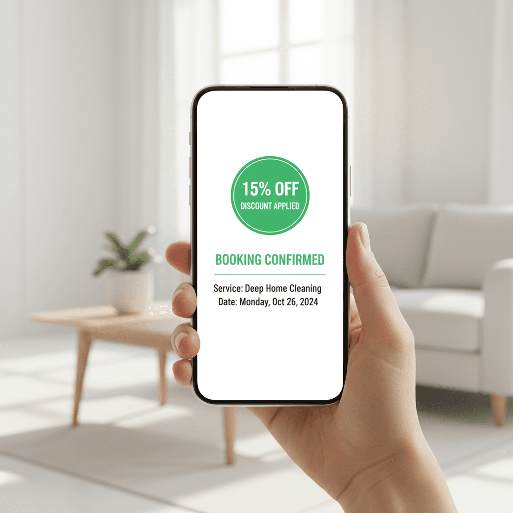 Hands holding a smartphone showing a discounted cleaning service booking