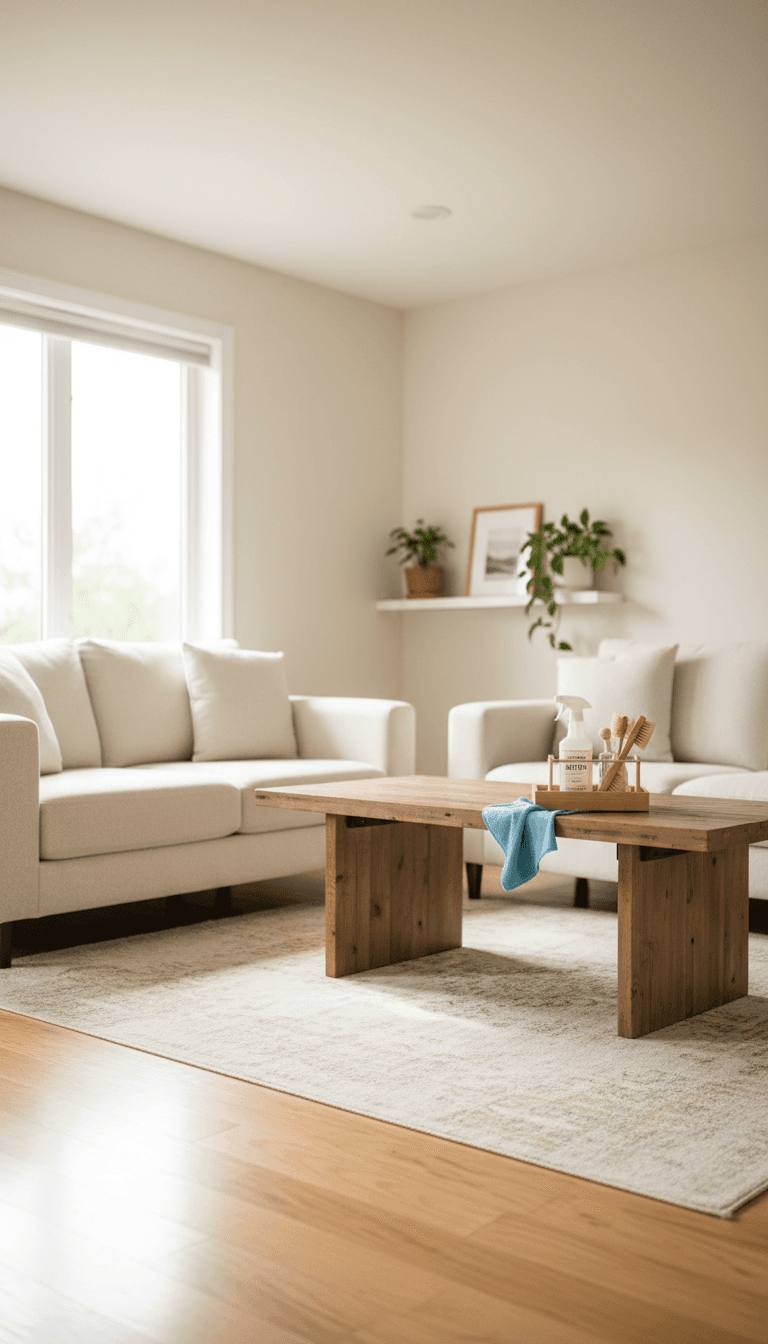 Freshly cleaned living room in Waseca with supplies on the coffee table