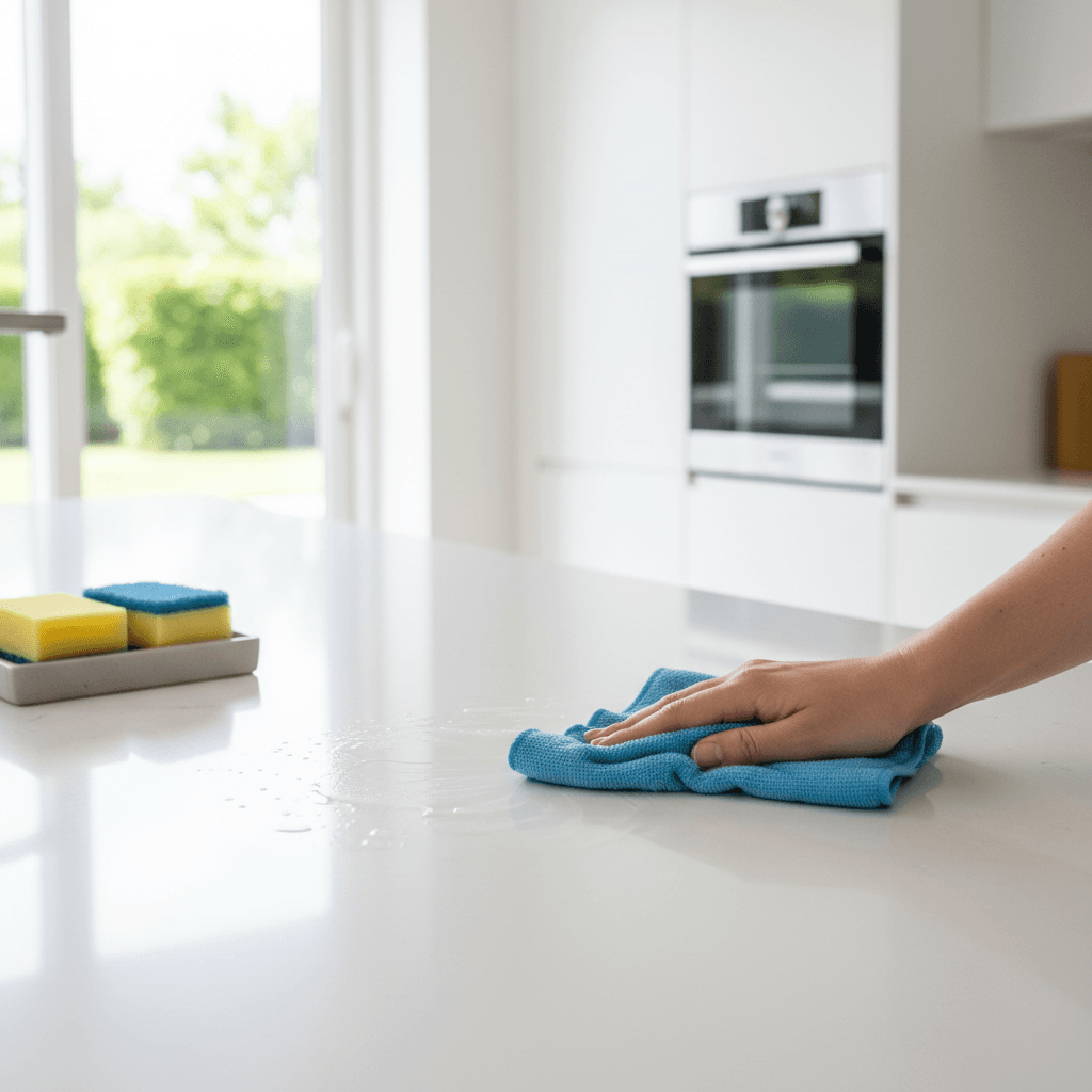 Clean kitchen counter with a microfiber cloth and spray bottle