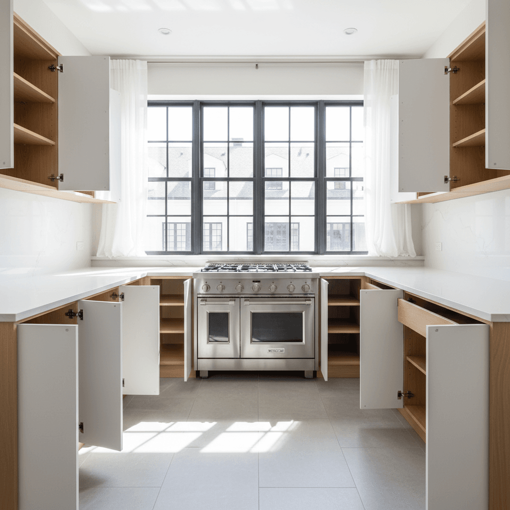 Sparkling clean empty kitchen with open cabinets and polished appliances