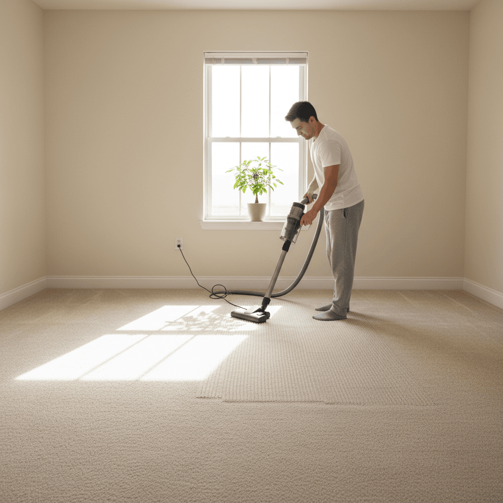 Person vacuuming a clean carpeted floor in an empty room