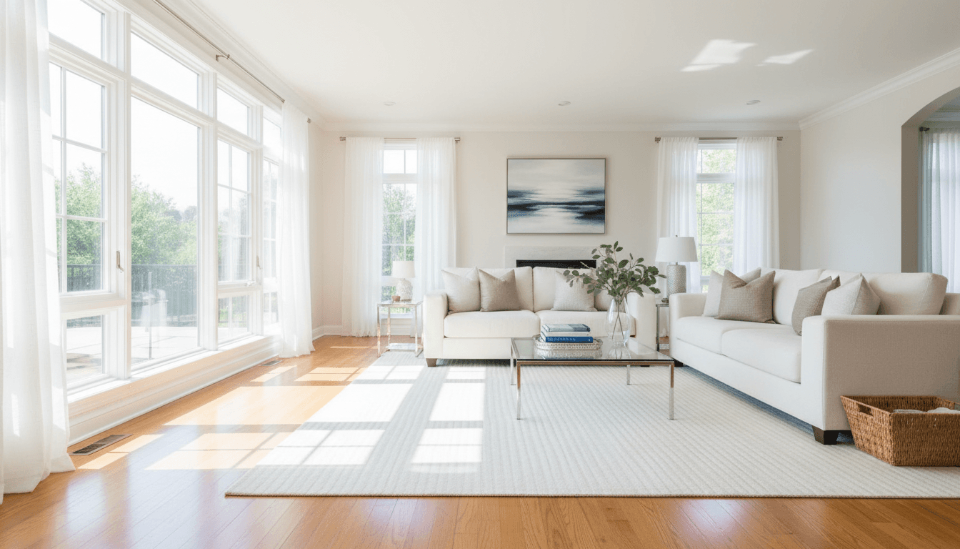 Bright living room with clean surfaces and natural light after professional cleaning
