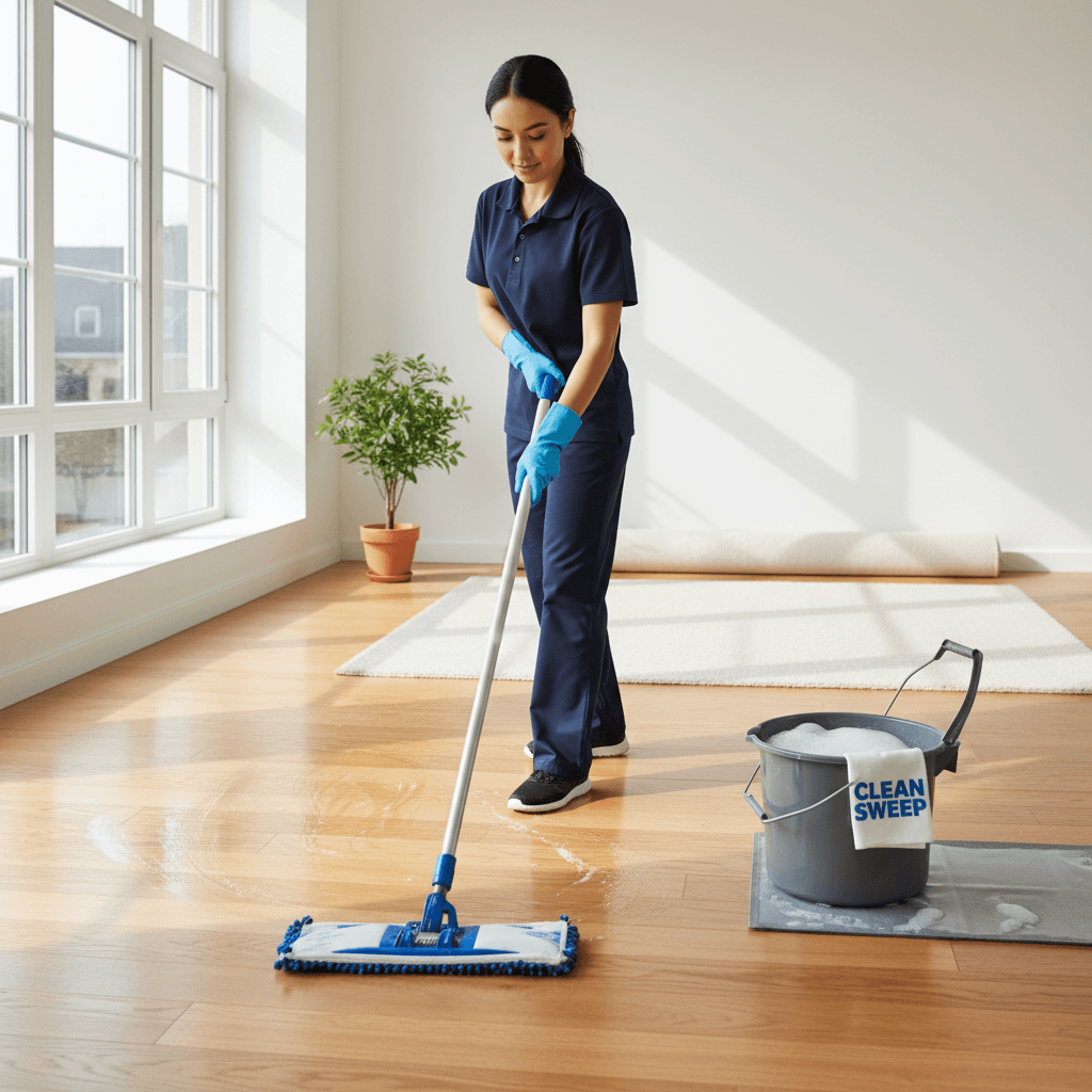 Professional cleaner mopping a wooden floor