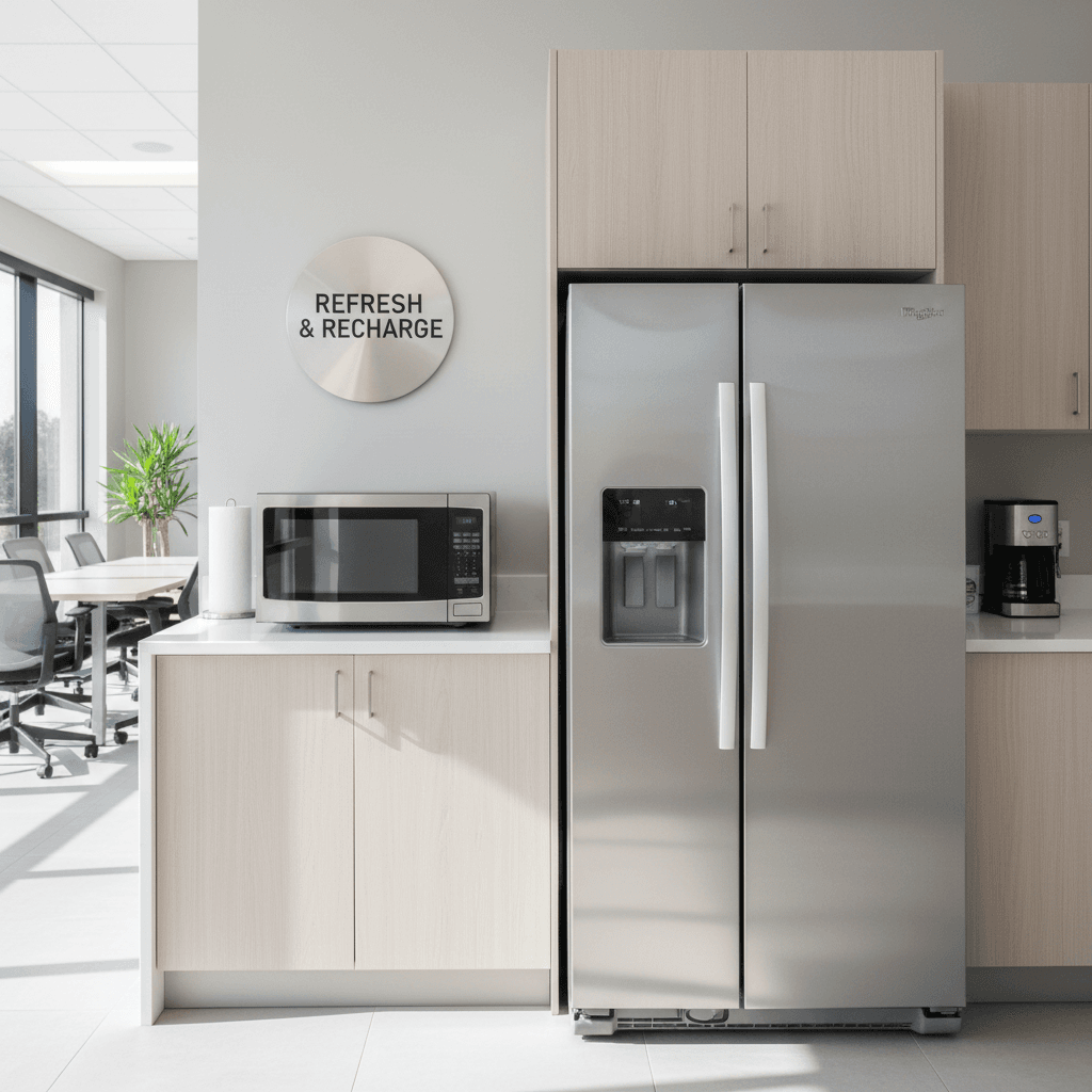Clean commercial break room counter with a wiped-down microwave and refrigerator