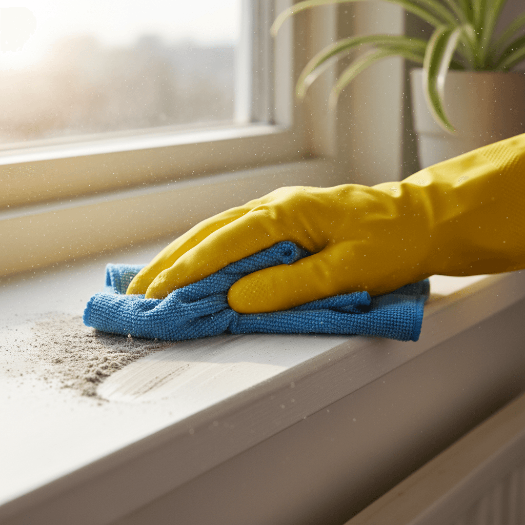 Gloved hand wiping a dusty window sill with a cloth