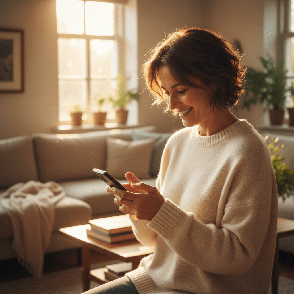 Person holding a smartphone while telling a friend about cleaning services