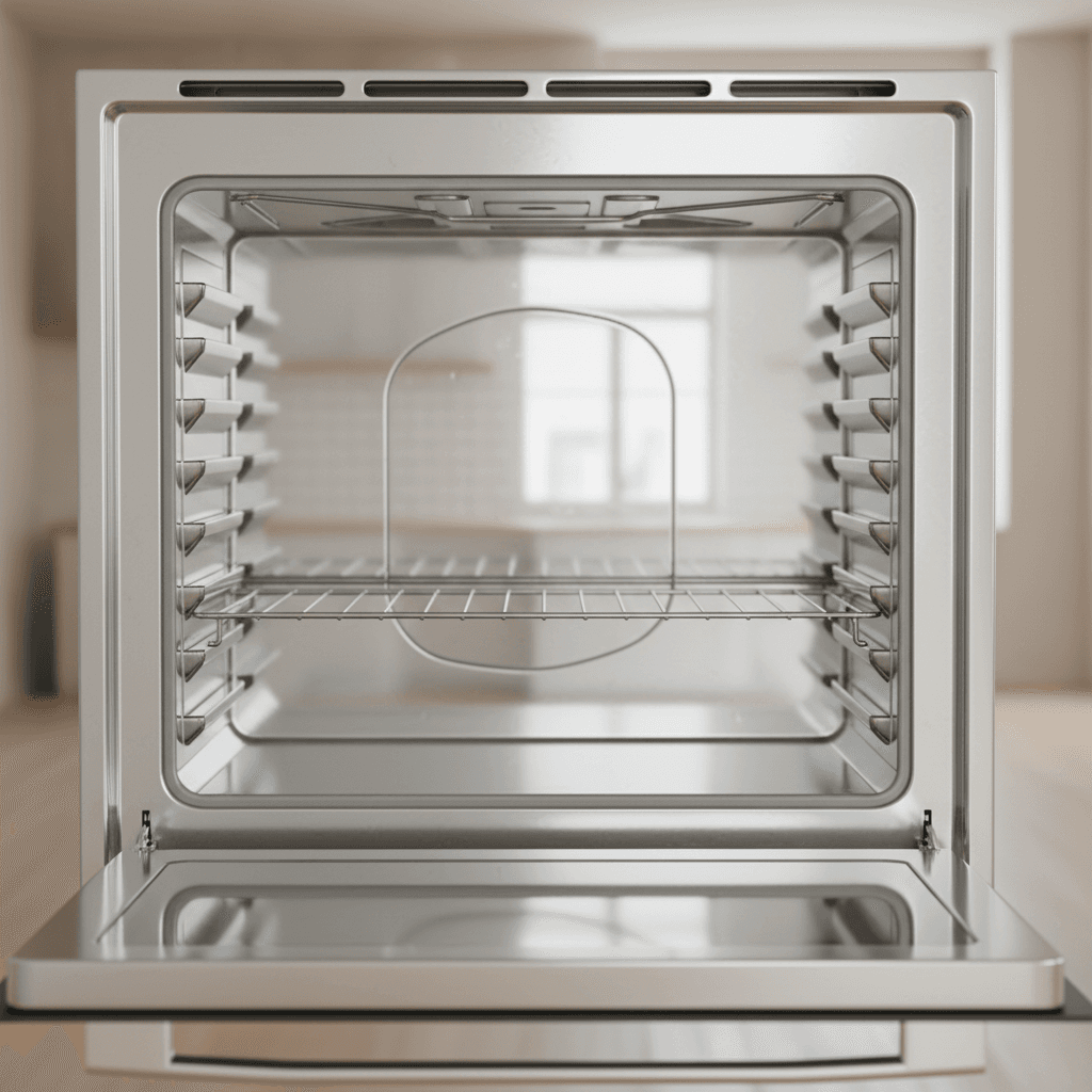Clean stainless steel oven interior with open door