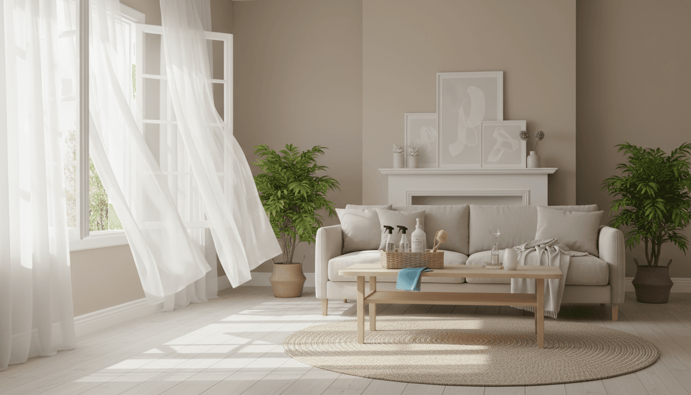 Bright, freshly cleaned living room with sunlight coming through the windows