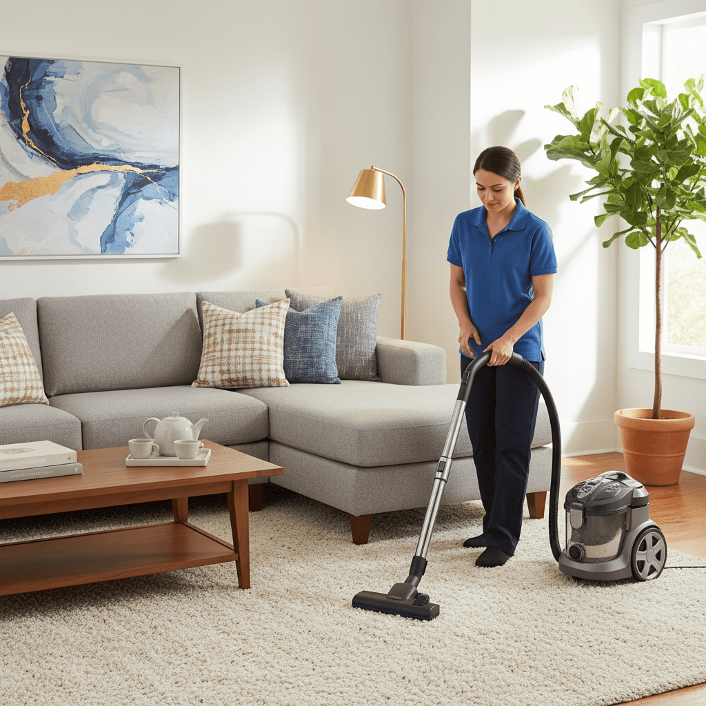 Professional cleaner vacuuming a living room carpet
