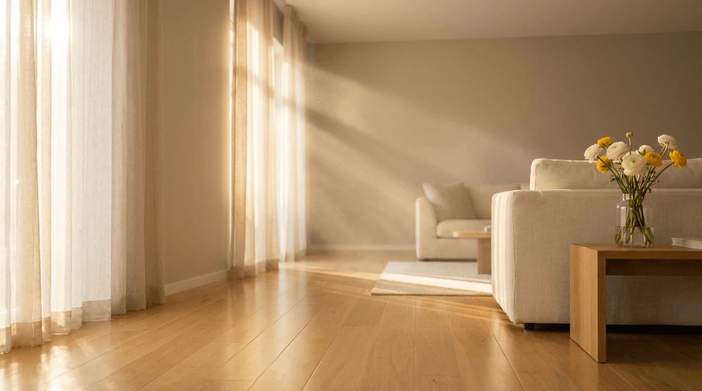 Bright clean living room with sunlight streaming through windows