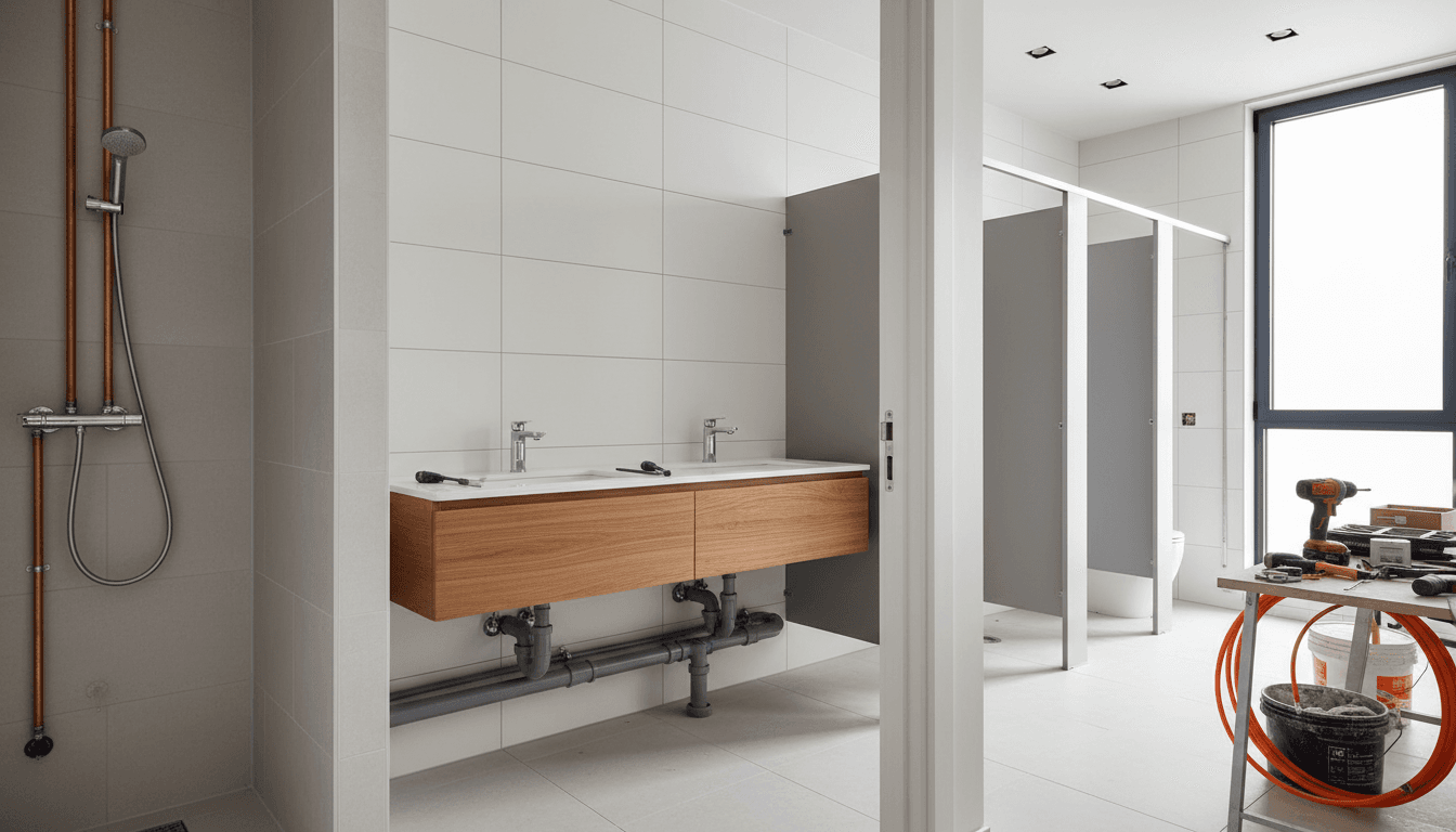Wide view of commercial bathroom plumbing installation with visible water lines and fixtures