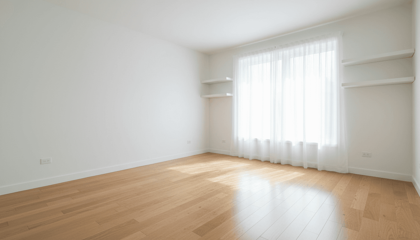 Move-out bedroom left clean with swept floors and clear window sills