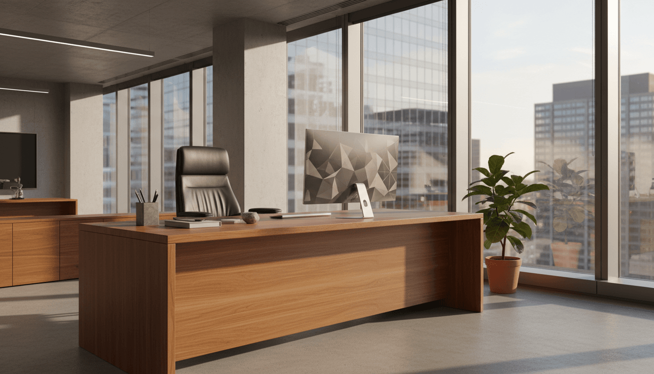 Modern executive workspace with solid wood desk, premium ergonomic chair, and expansive window overlooking city skyline