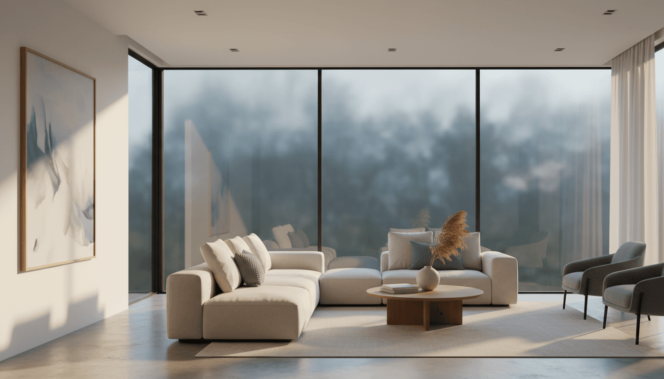 Modern residential living room with professionally applied window tint film allowing natural light while providing privacy and UV protection