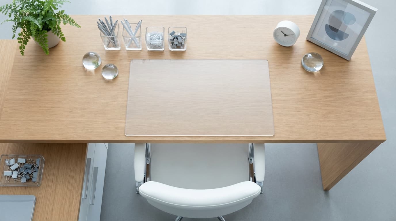 Office workspace wiped down with dusted desks and organized surfaces