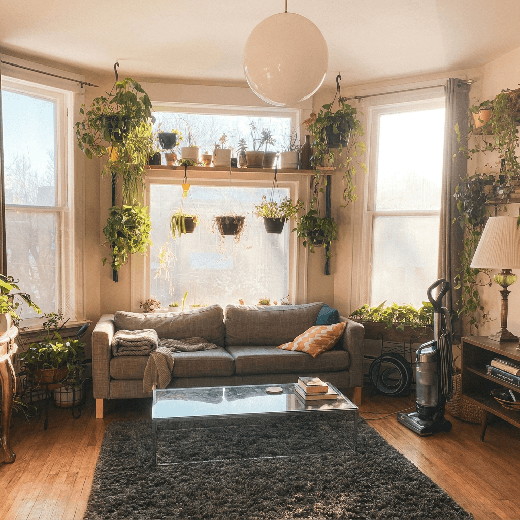 Freshly vacuumed living room with dusted shelves and tidy furniture
