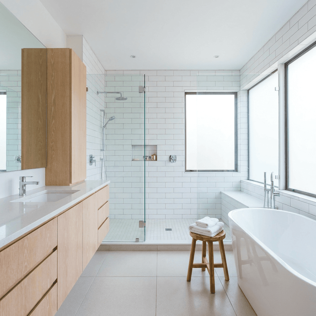 Bathroom tub scrubbed clean with mirror and sink polished