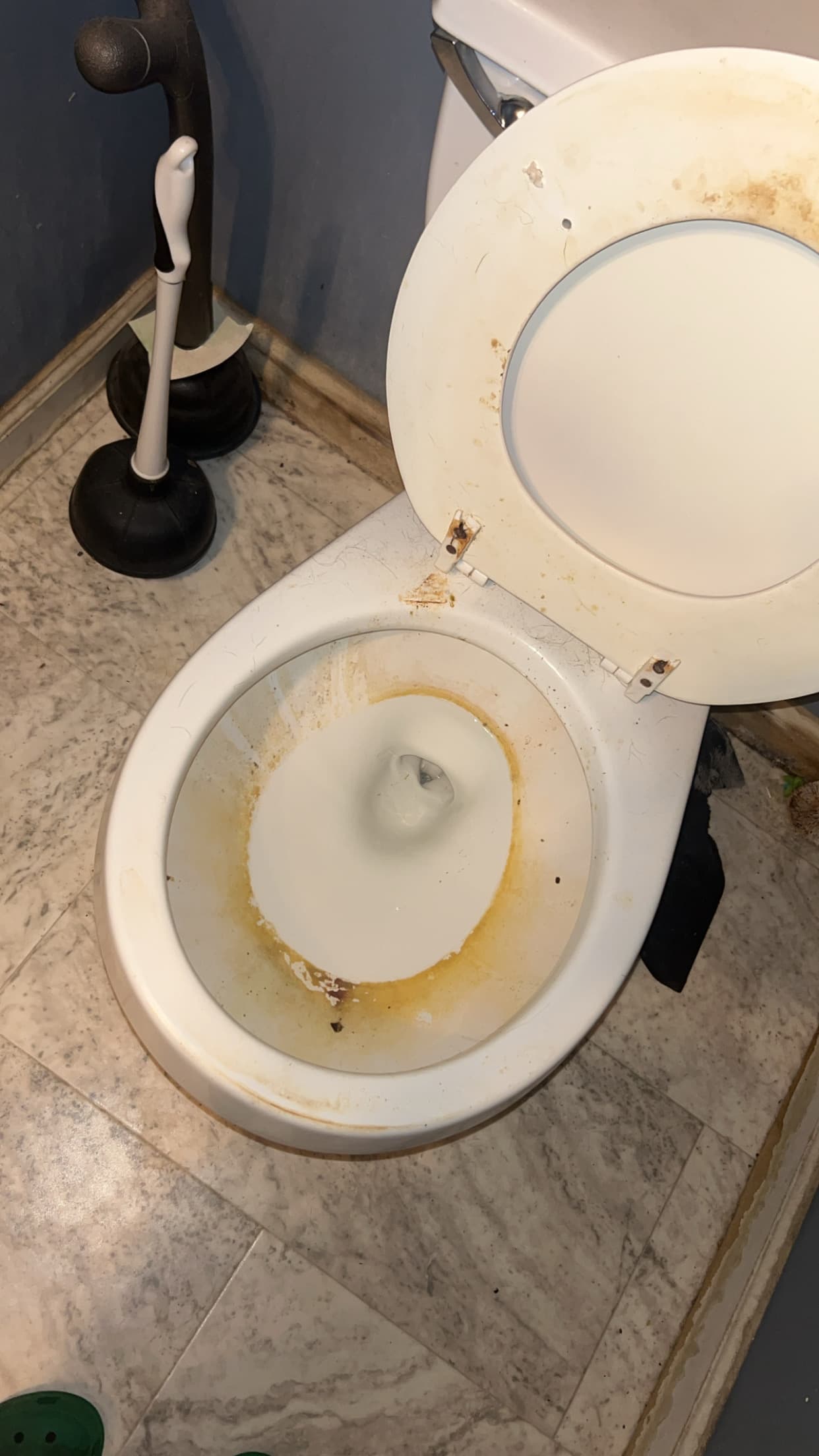 Stained white toilet with yellow residue in the bowl and on the open seat.