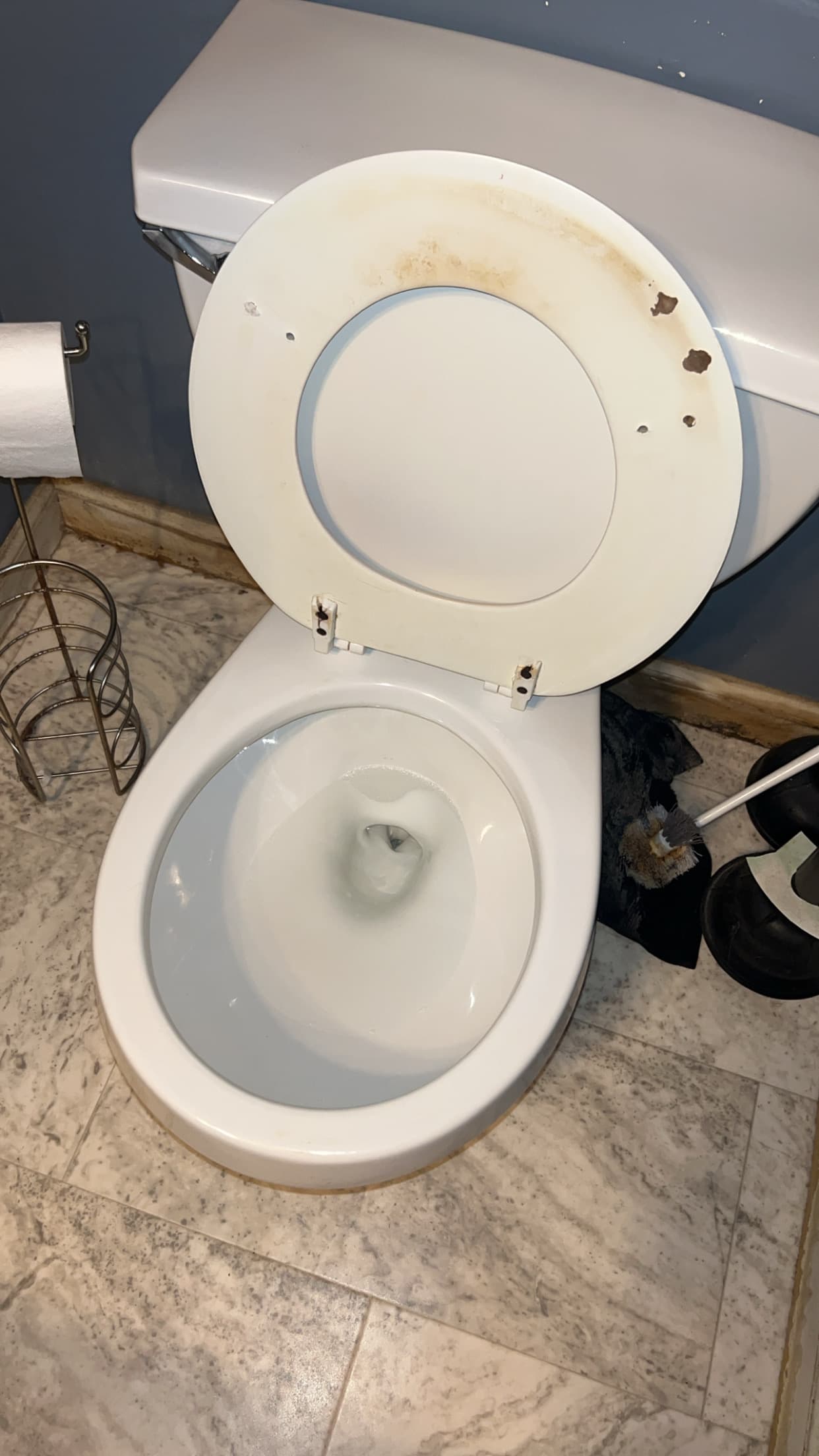 White toilet with the seat raised, revealing brown stains and discoloration on its underside.